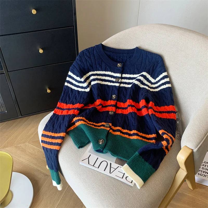 2024 Navy Blue NEW Stripe Cardigan Women Clothing Knitting Sweater Long Sleeves Vintage Korean Fashion Grey Baggy Female Tops