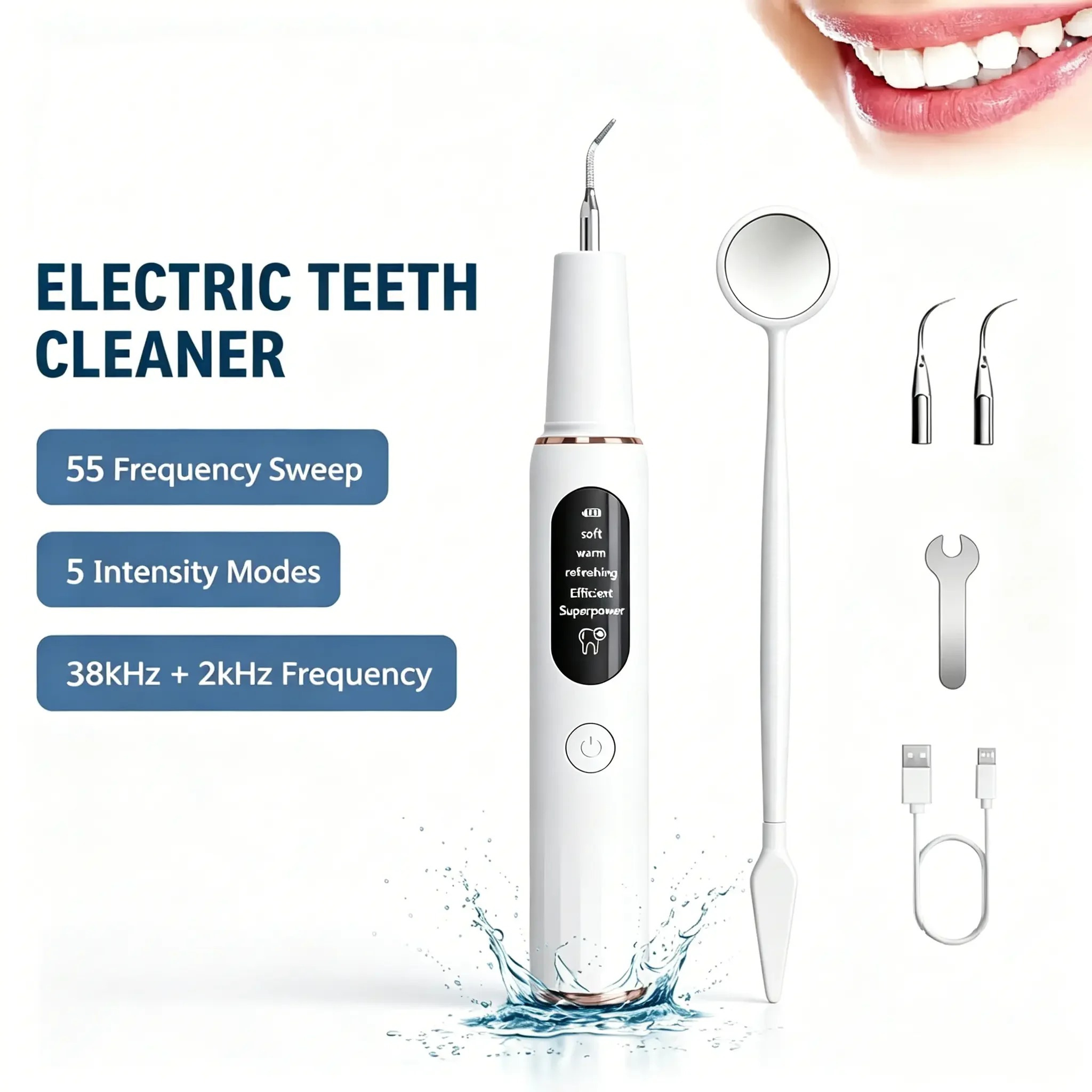 Rechargeable Electric Teeth Tartar Remover with LED Light, 5‑Mode Home Dental Cleaning Kit