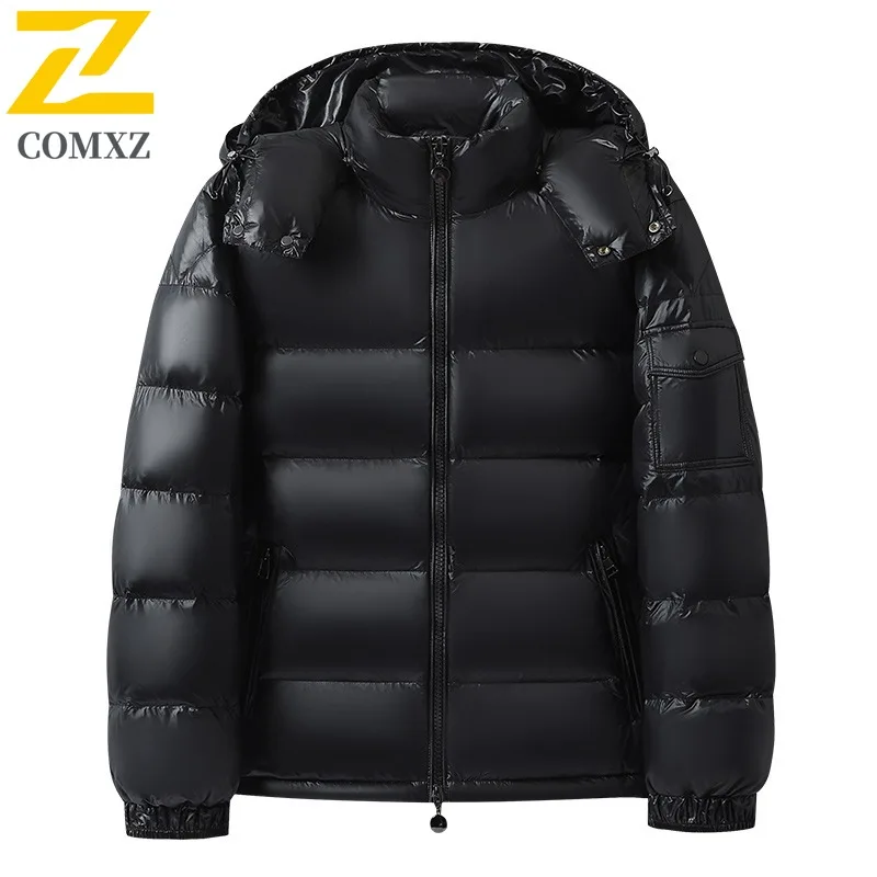 COMXZ 2025 Men Hooded Shiny Down Jacket New Workwear 50% White Duck Down Trendy Loose Warm Winter Outerwear for outdoor Street