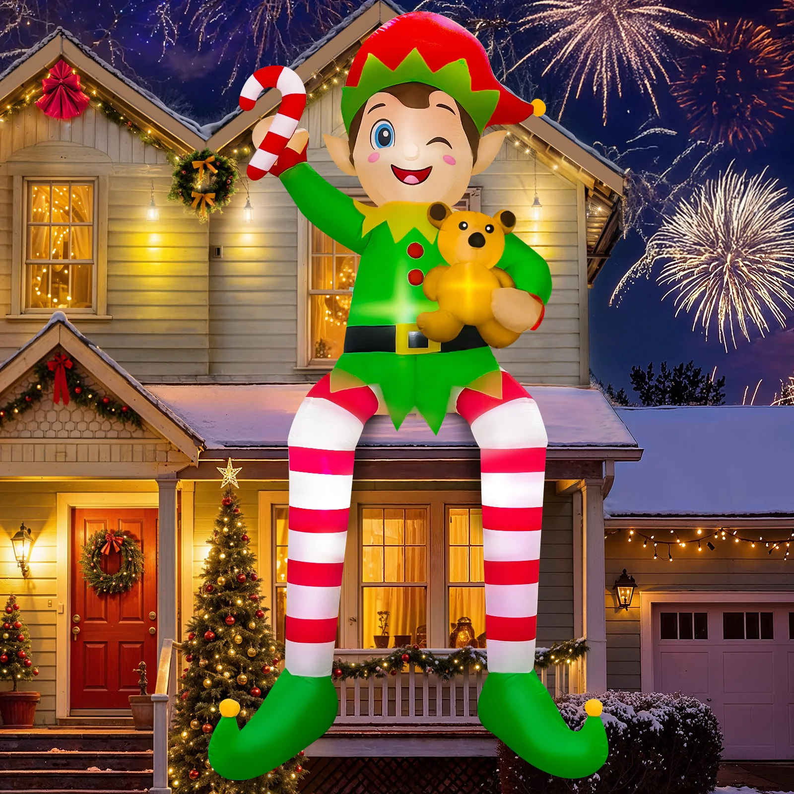 10FT Christmas Inflatable Outdoor Decoration, Giant Sitting Elf Inflatable Christmas Decorations Outdoor for Roof Balcony Lawn