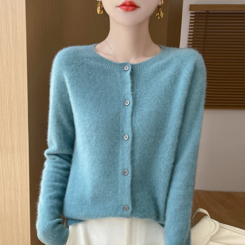 Spring Autumn New Cashmere Sweater 100% Merino Wool Knitted Cardigan Round Neck Long Sleeve Solid Color Coat Top Casual Fashion