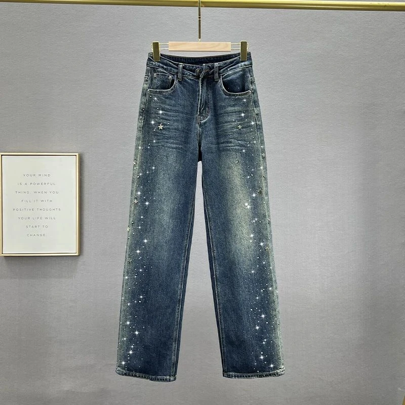 

Heavy Du Versatile High Waist Loose Fit Slimming Diamond Embellied Denim Jeans for Women Autumn New Sle Straight Leg Pants
