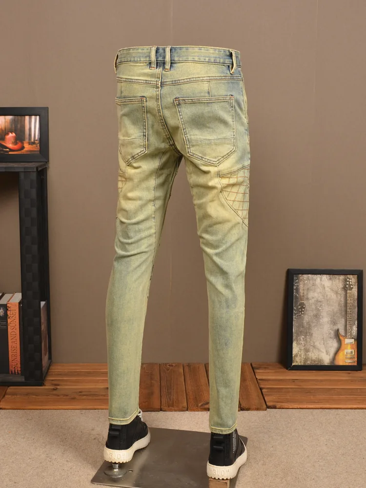 Yellow Mud Color Motorcycle Jeans Men's Stretch Slim Fit Skinny Ruan Handsome Casual Retro Distressed Stitching Men's Pants