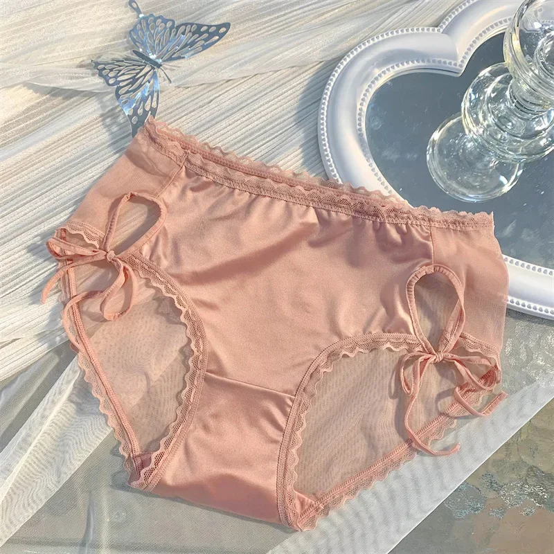 Versão francesa cetim renda roupa interior malha rendas até calças triângulo feminino oco para fora cuecas transparentes calcinha de cintura média