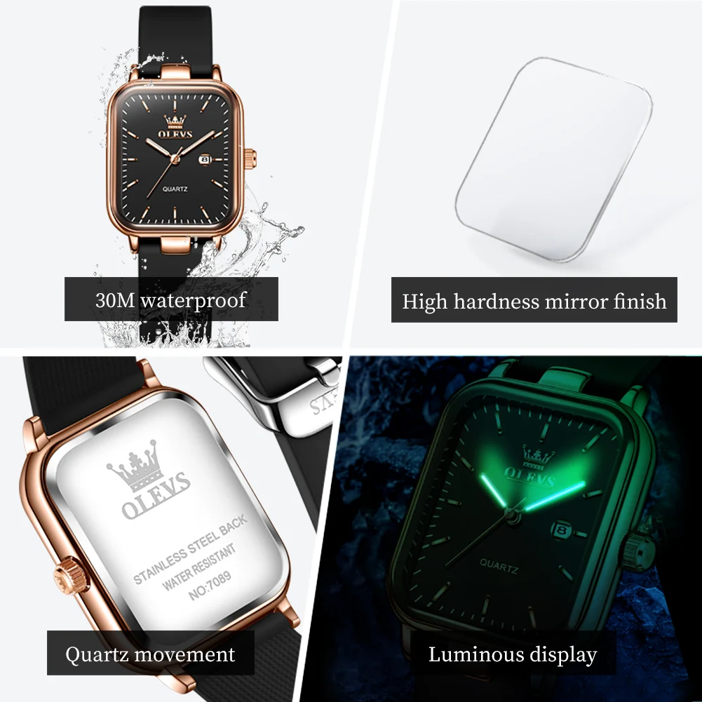 OLEVS Luxusuhr für Damen, rechteckiges Zifferblatt, wasserdicht, Kalender, hochwertige Damenuhr, Quarz-Damenuhren, elegant