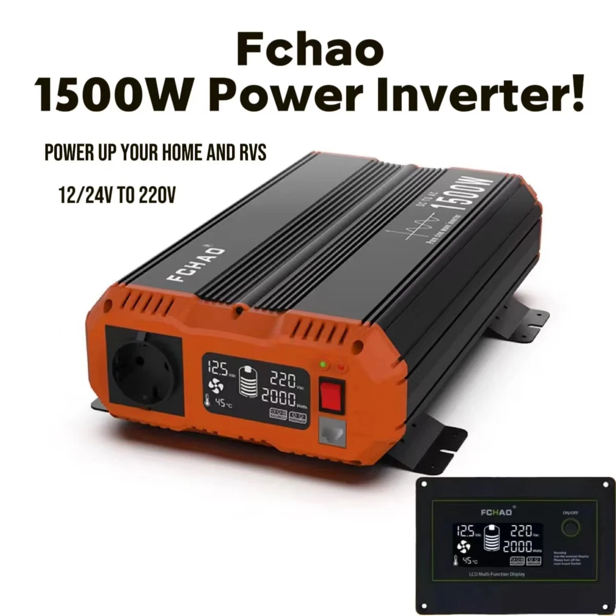 Fchao 1500W Pure Sine Wave Power Inverter 12V to 220V for Home and RVs - Remote Control & 50Hz EU Socket