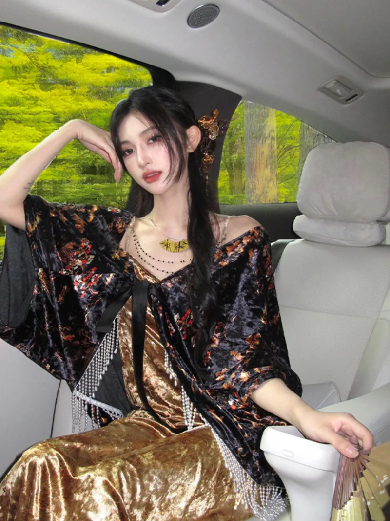 

New Chinese Style Printing Velvet Suspender Dress Heavy Industry Tassels Cardigan Skirt Carnival Costume Cosplay Women Party