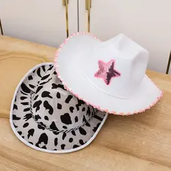 1PC Adult Size Adjustable Pink Star Cowboy Hat White Cowgirl Hat Cow Girl Hat