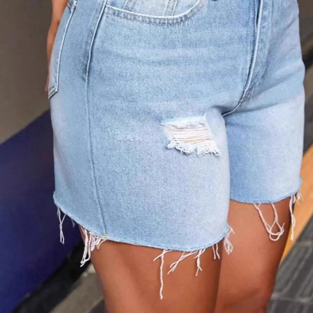 Denim Shorts High Waist Design Ripped Holes Women Shorts with Pockets Summer Elastic Shorts Daily Wear