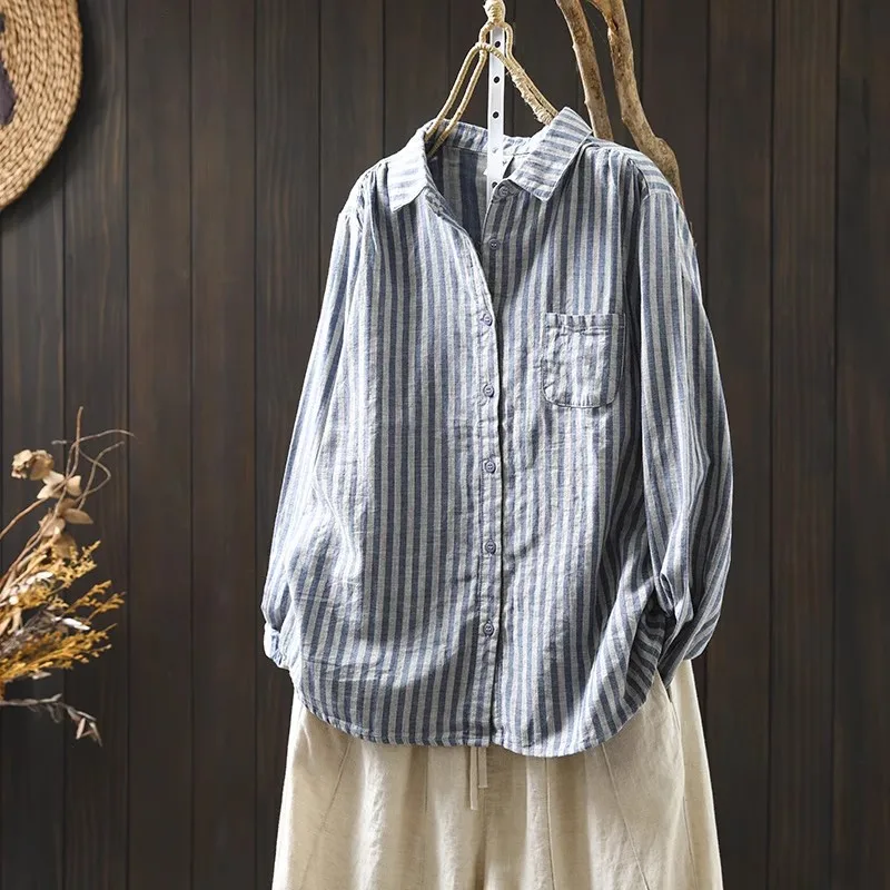 Autumn women\'s clothing 100% cotton yarn striped shirts and blouses for women Japan style casual vintage long sleeve tops