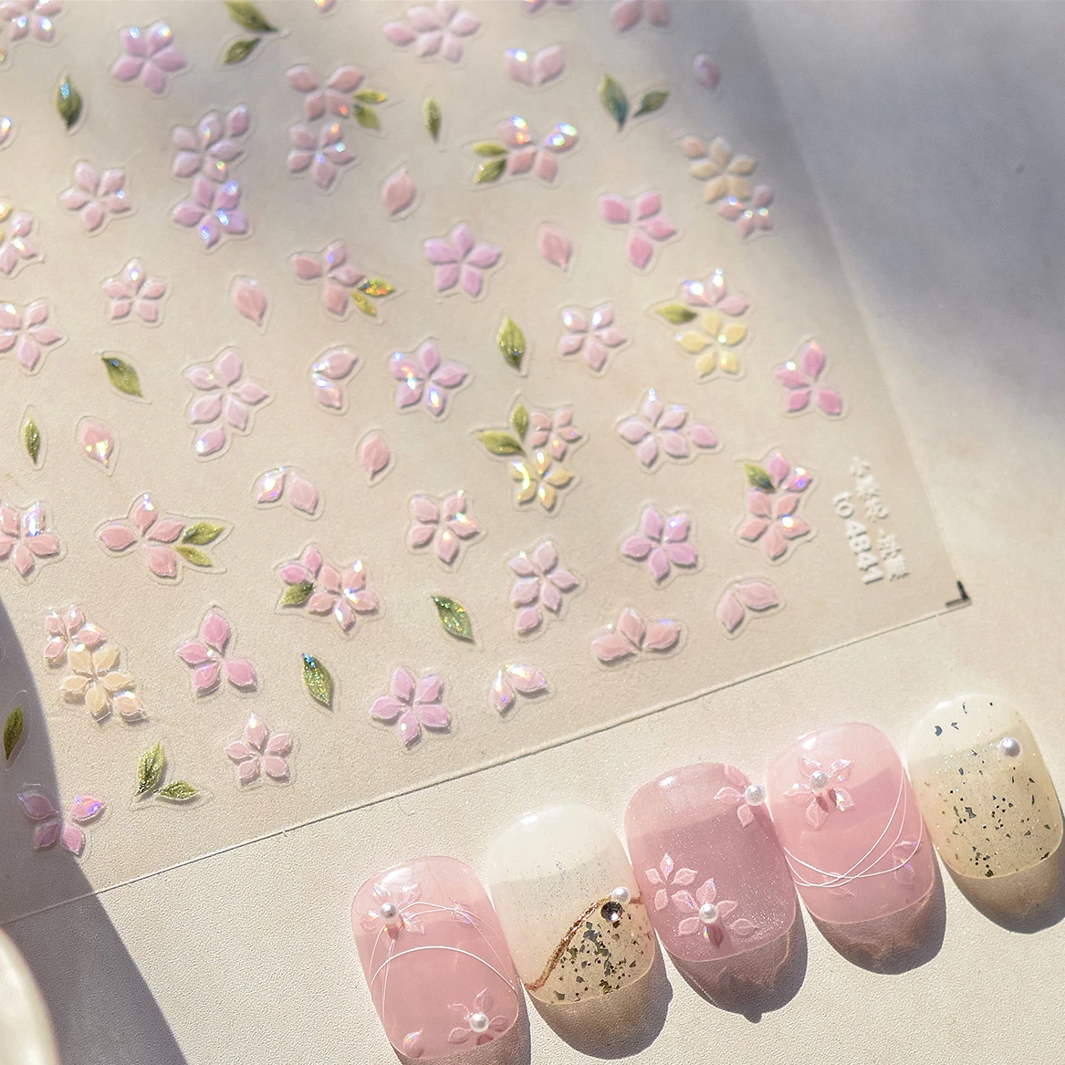 Pink Cherry Blossoms Peach Flower Petal Green Leaf Greenery 5D Embossed Relief Self Adhesive Nail Art Sticker 3D Manicure Decals