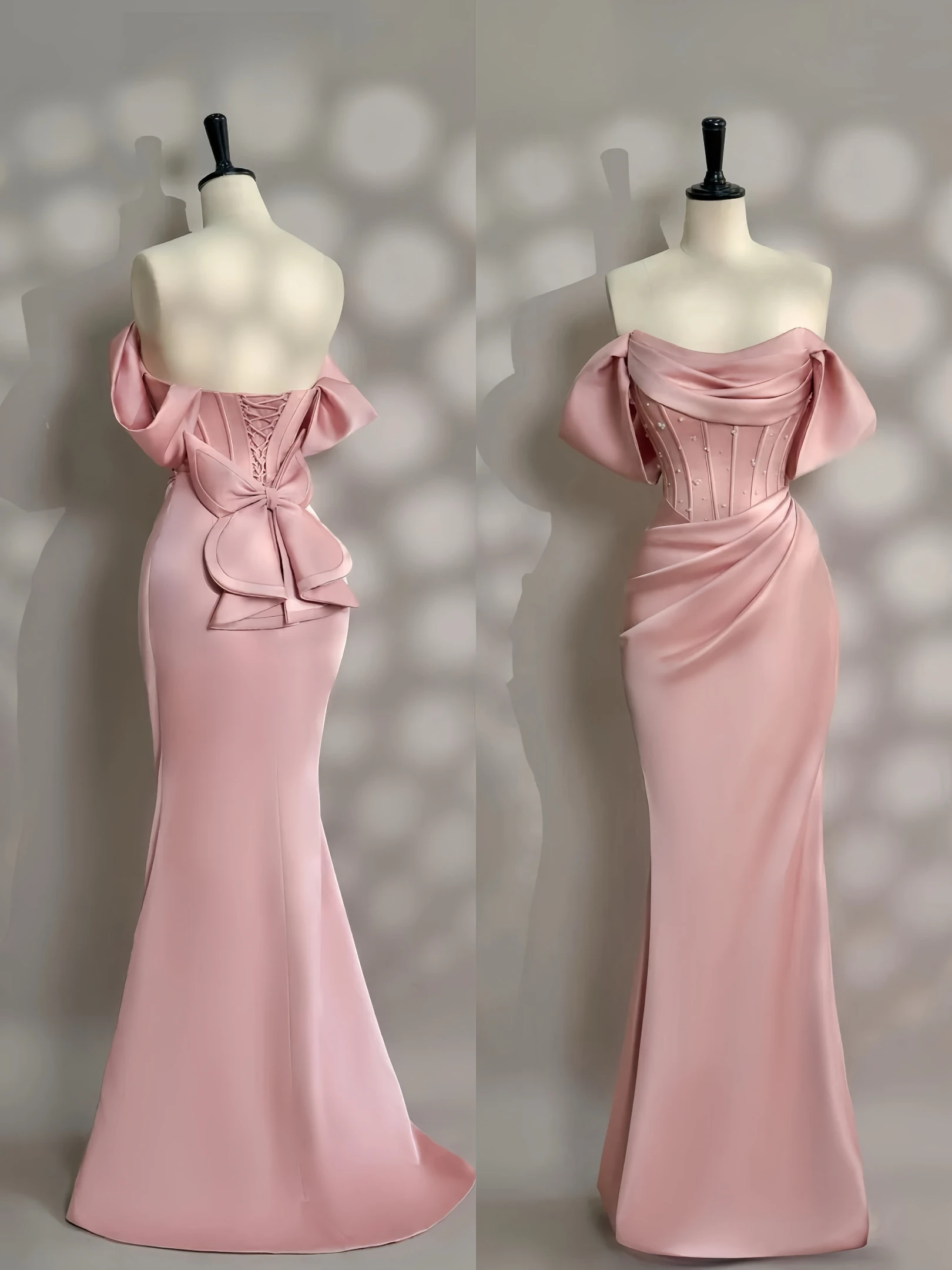 Pink Mermaid Evening Prom Dresses Pearl Off Shoulder Sleeveless Silk Bow Sleevless Fold Lace-up Red Carpet Celebrity Gowns New