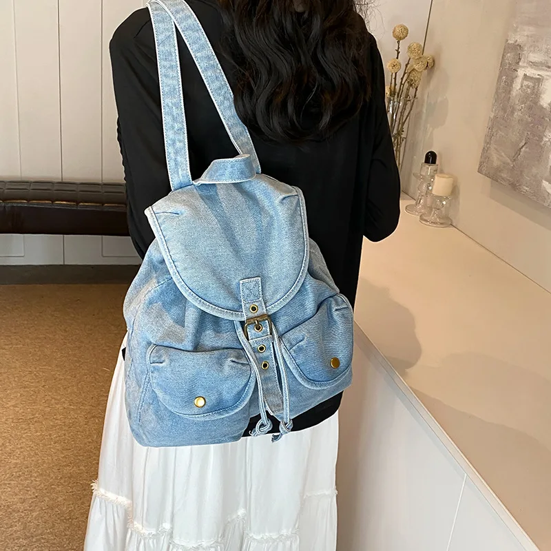 

Джинсовый рюкзак для девочек, откидная крышка с несколькими карманами, небольшой ручной дорожный рюкзак на одно плечо