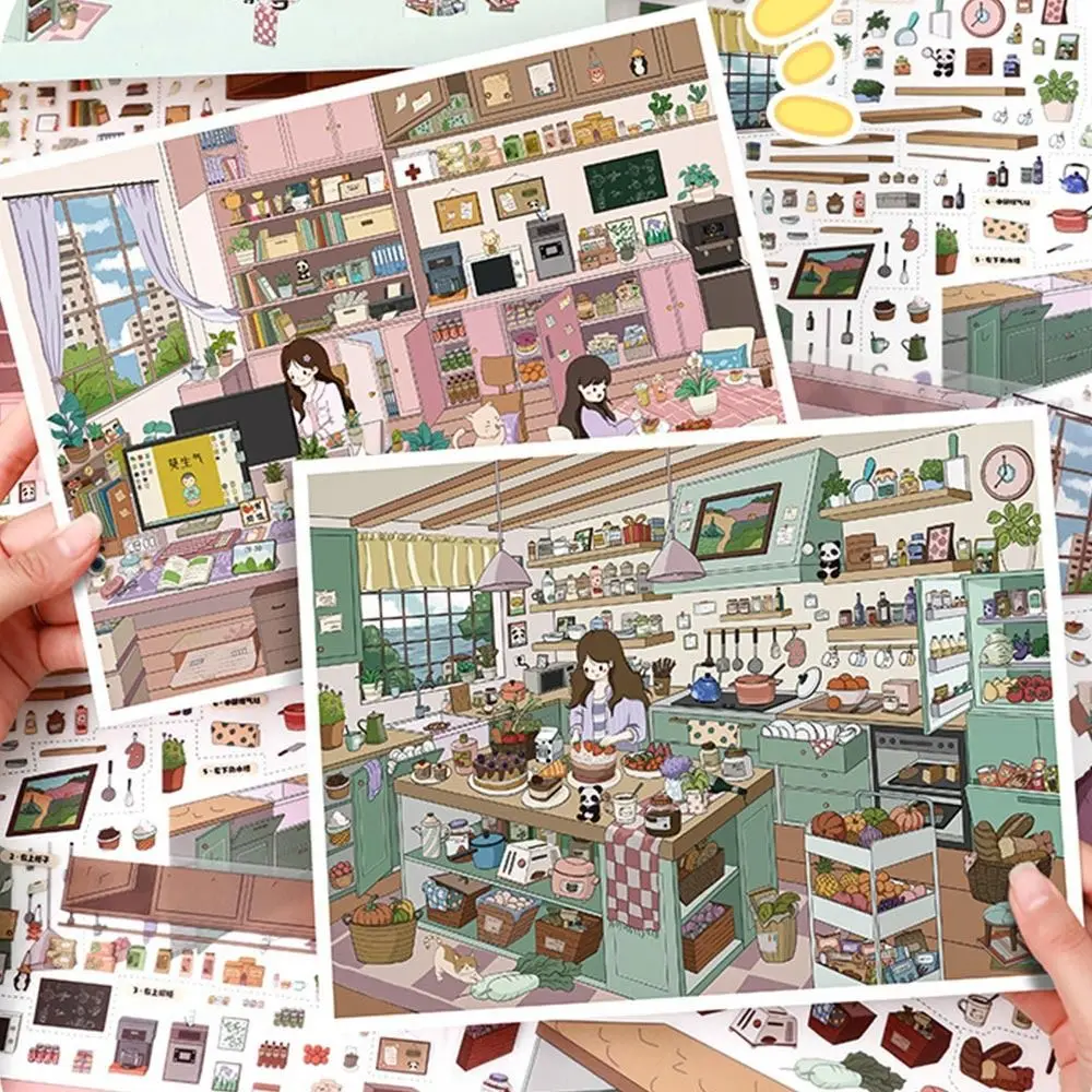 Kawaii Design Landscape Sticker Comfortable Work Dessert Theme 3D Sticker Cabin Scene Pocket Scene Sticker Home Decoration