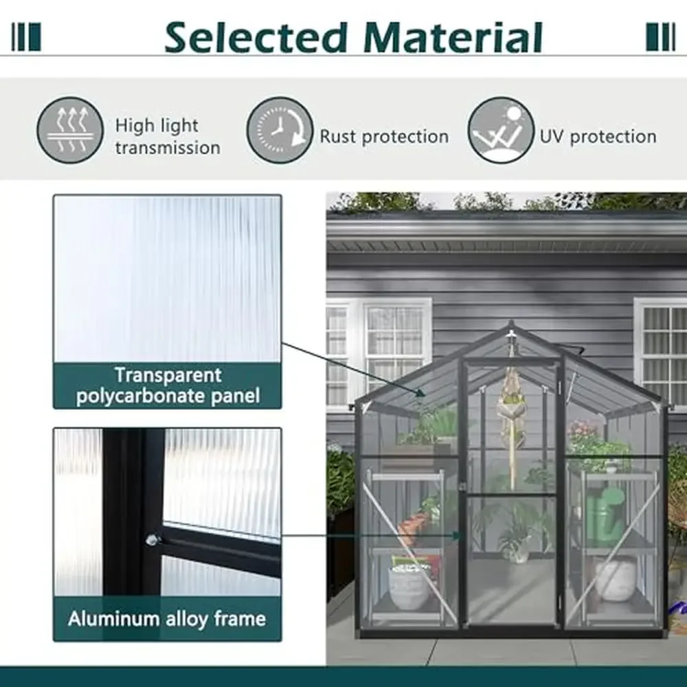 Polycarbonate Greenhouse Aluminum Frame Walk-in Greenhouse Garden Rainproof Ventilation System Heavy Duty Stability Walk-in