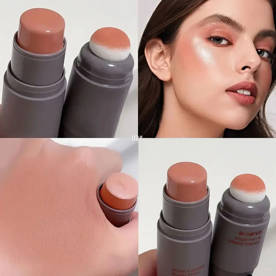 Pó monocromático Blush Stick, Esponja de cabeça dupla, Lip e bochecha Cosméticos, Cosméticos leves, Rouge Natural