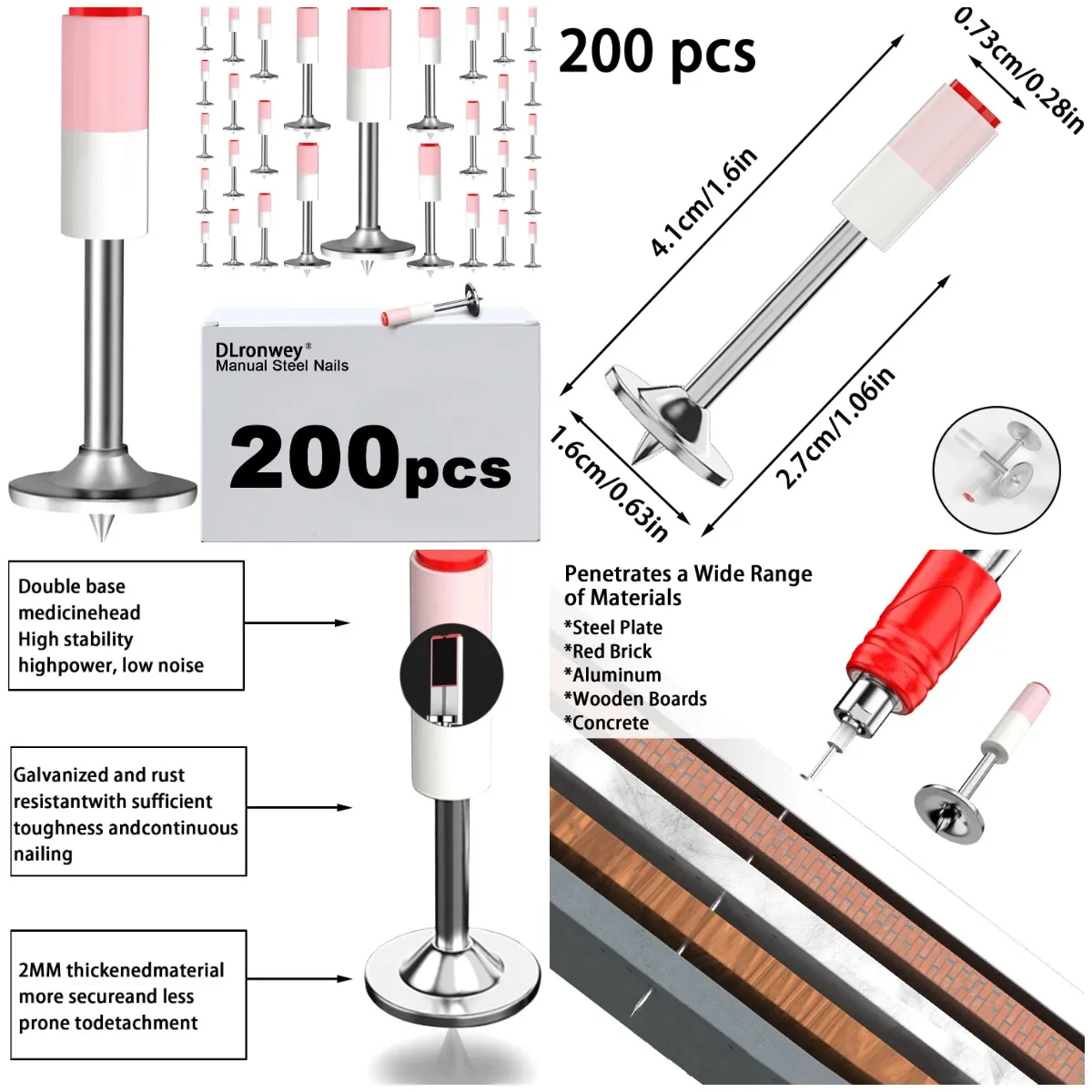 

Manual Steel Nail 200 pcs, Concrete Wall Fastening Tool for Ceiling & Cable Ducts Repair