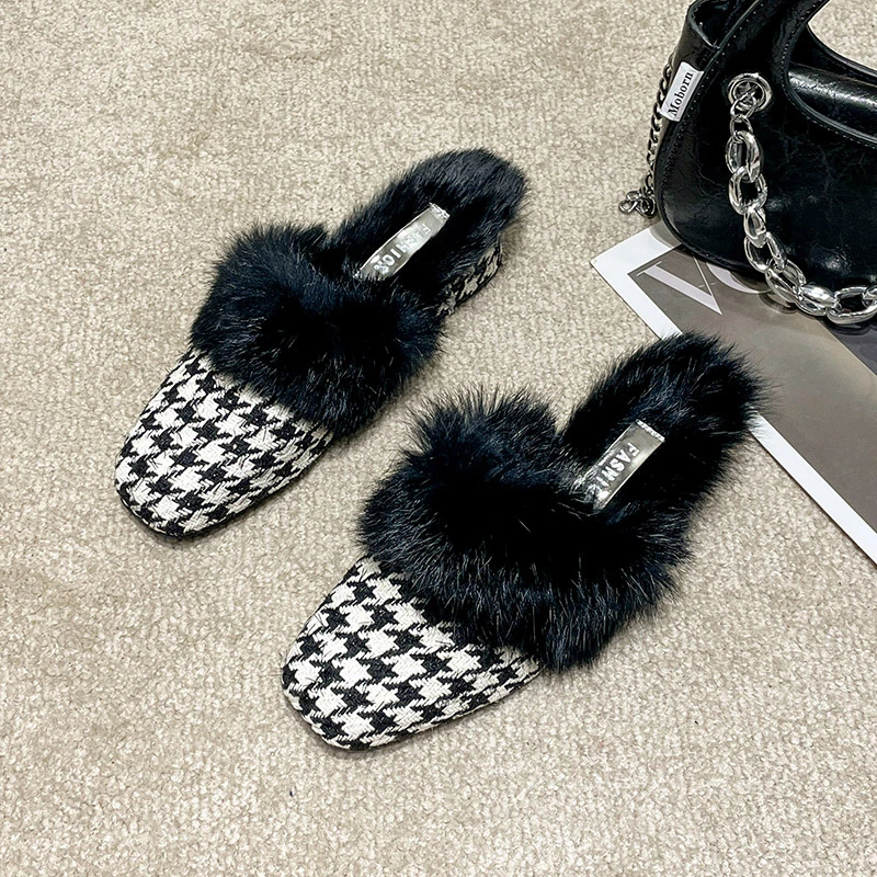 Aphixta Winter Gingham Upper Long Real Rabbit Fur Plush Women Slippers Nature Warm Furry Shoes Square Toe Flat Heel Hair Slides