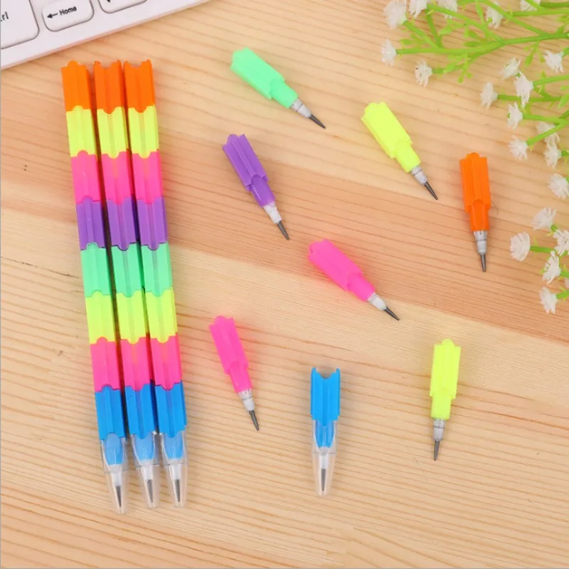 

12 Pcs Creative Stationery Rainbow Building Blocks Pencil Student Kindergarten Transformation Color School Supplies