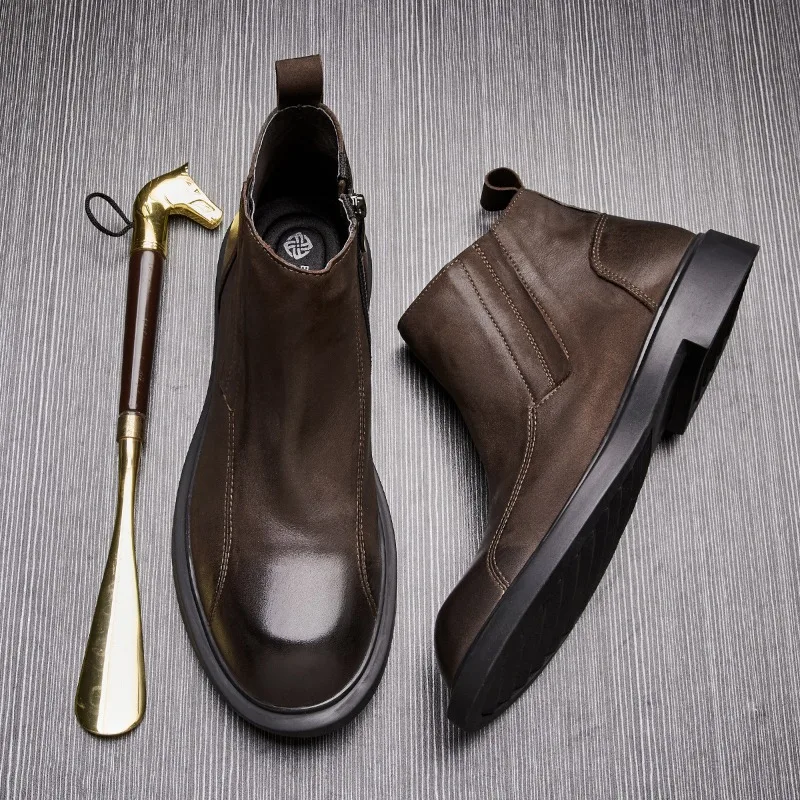 

Men's Winter Genuine Leather Boots Casual Zipper Men Vintage Boots