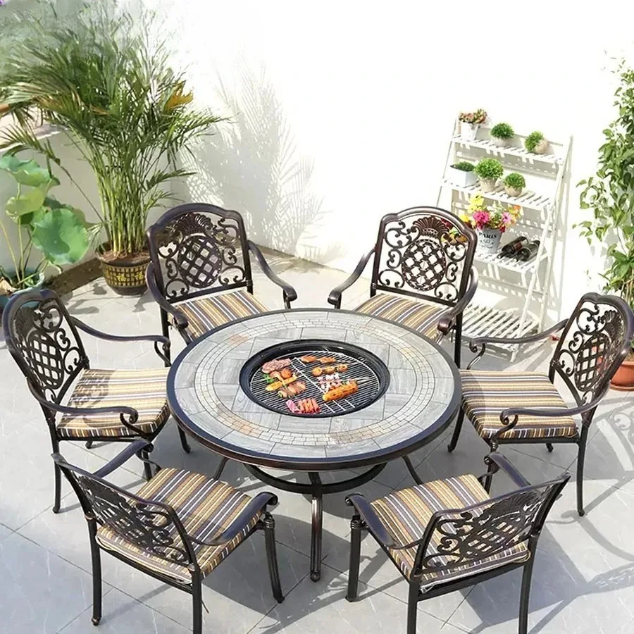 

Leisure villa terrace barbecue table and chairs outdoor garden courtyard barbecue round table hotel B&B multi-functional cast