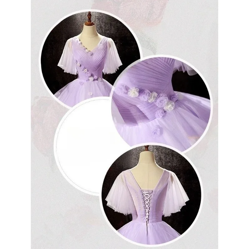 Dames V-hals Patchwork Paarse Avondjurk Modieus Afslanken Kunstexamen Prestaties Gezwollen Rok Fee Banket Volwassen Jurk