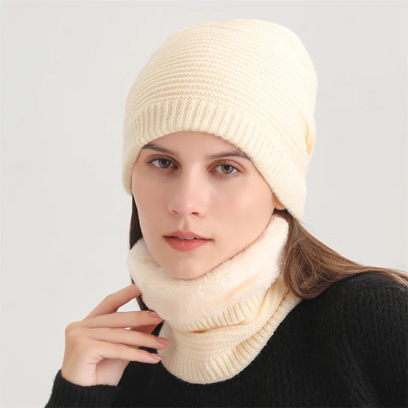 2pcs Set Winter Men Women Pullover Hat Scarf Suit Plus Velvet Fleece Lined Children Thick Warm Beanies Hat Male Knitted Hat Caps