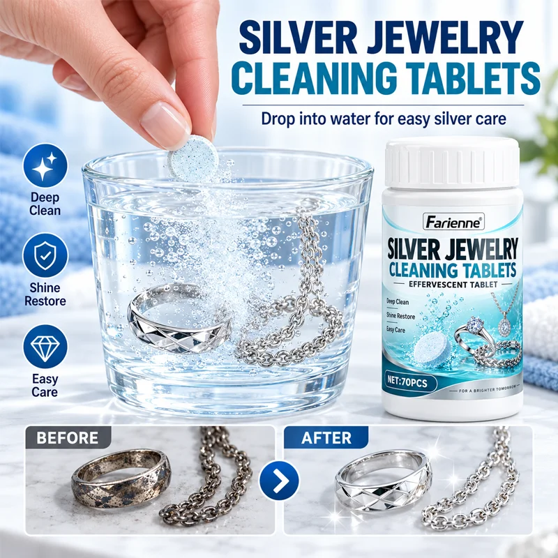 Farienne Silver Cleaner Tablets Tarnish Remover Sterling Silver Jewelry Ring Necklace Effervescent Soak Restore Shine 70Pcs