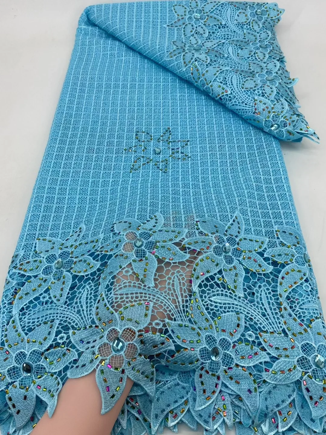 Nigerian Guipure Cord Lace Fabric For Party Wedding Dress 2025 High Quality African Stoned Lace Fabric Sewing