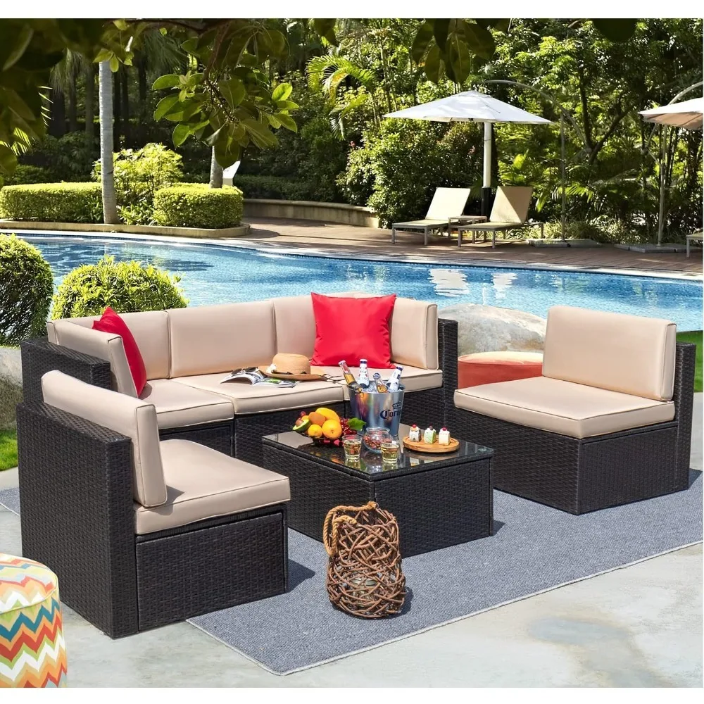 Patio Furniture Sets 6 Pieces Outdoor Sectional Rattan Sofa Manual Weaving Wicker Patio Conversation Set