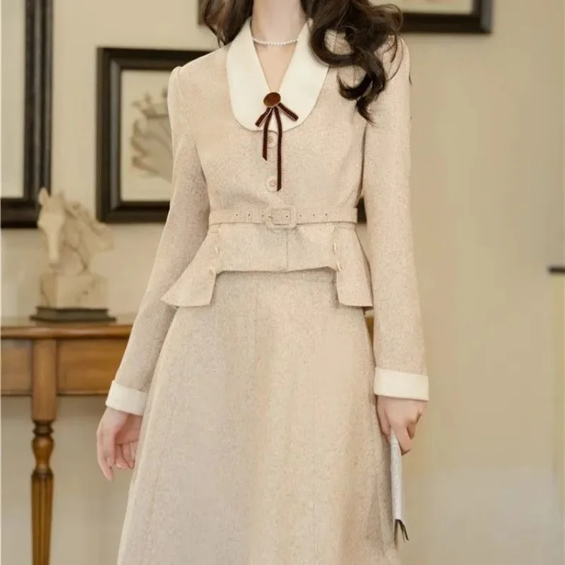 UNXX Spring Autumn Small Fragrance Style Doll Neck Blazer Skirt Suits Vintage Lace-up Lapel Blazer + Long Skirt Two-piece Sets