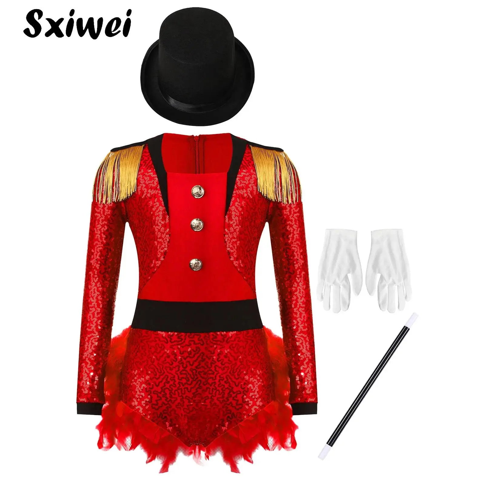 

Girls Circus Performance Magician Costume Halloween Ringmaster Jumpsuit Lion Tamer Outfits Shiny Sequins Dance Leotard Dress
