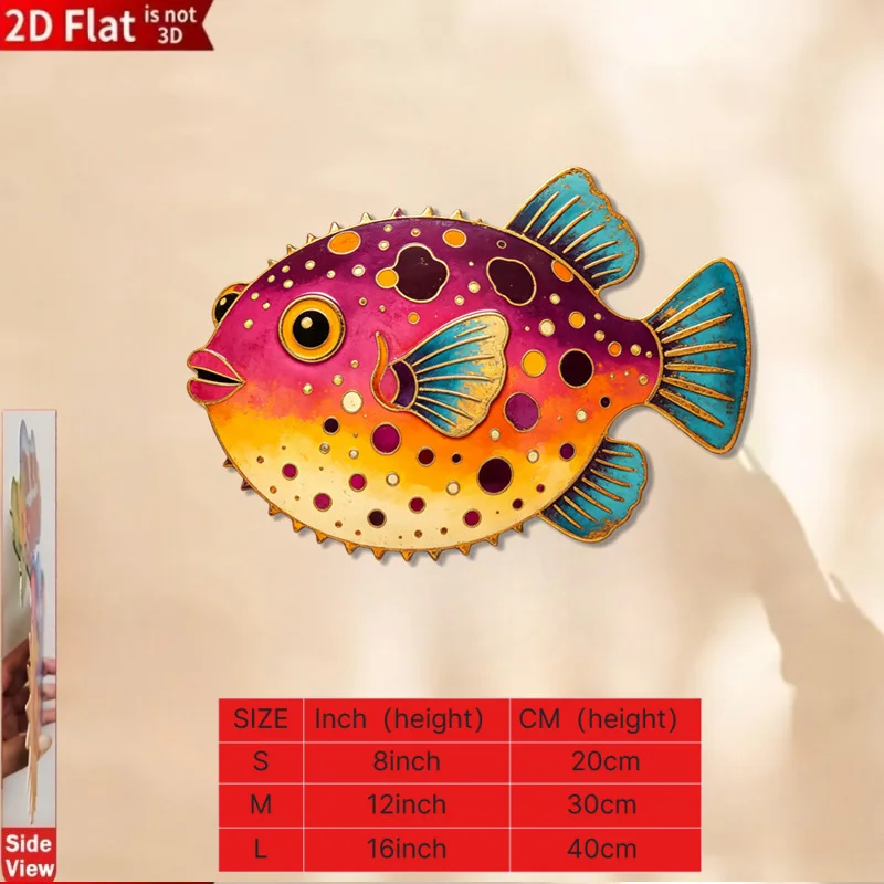 CIFBUY 1pc 2D Flat Printing Metal Wall Art, Color Gradient Spotted Pufferfish Pattern, Enamel Outline Texture