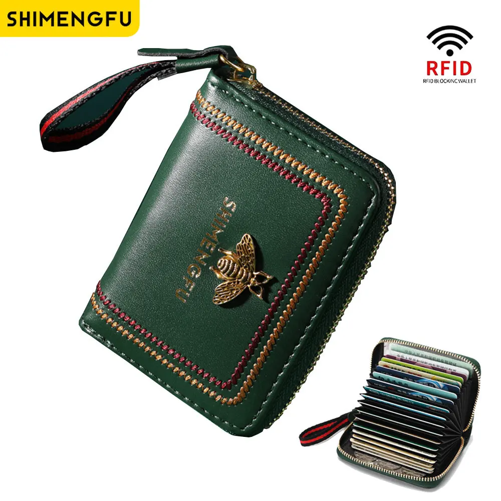 

Credit Card Holder Genuine Leather RFID Box Women Wallet Hasp Small Card Case Purse Wallet Coin Purse Zipper Bee Tassels Bag