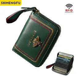 Credit Card Holder Genuine Leather RFID Box Women Wallet Hasp Small Card Case Purse Wallet Coin Purse Zipper Bee Tassels Bag