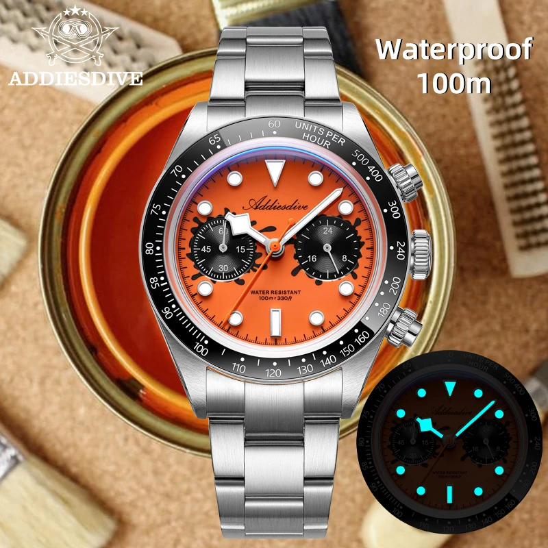 ADDIESDIVE NEW Men Watch Stainless steel Chronograph Quartz Watches Bubble Mirror Glass VK64 Movement Diving Waterproof Watches