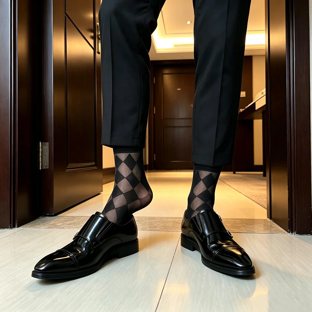 Men's Diamond Plaid Socks Black Sheer Mesh Business Dress Breathable Lightweight Long Tube Formal Suit for Office Wedding