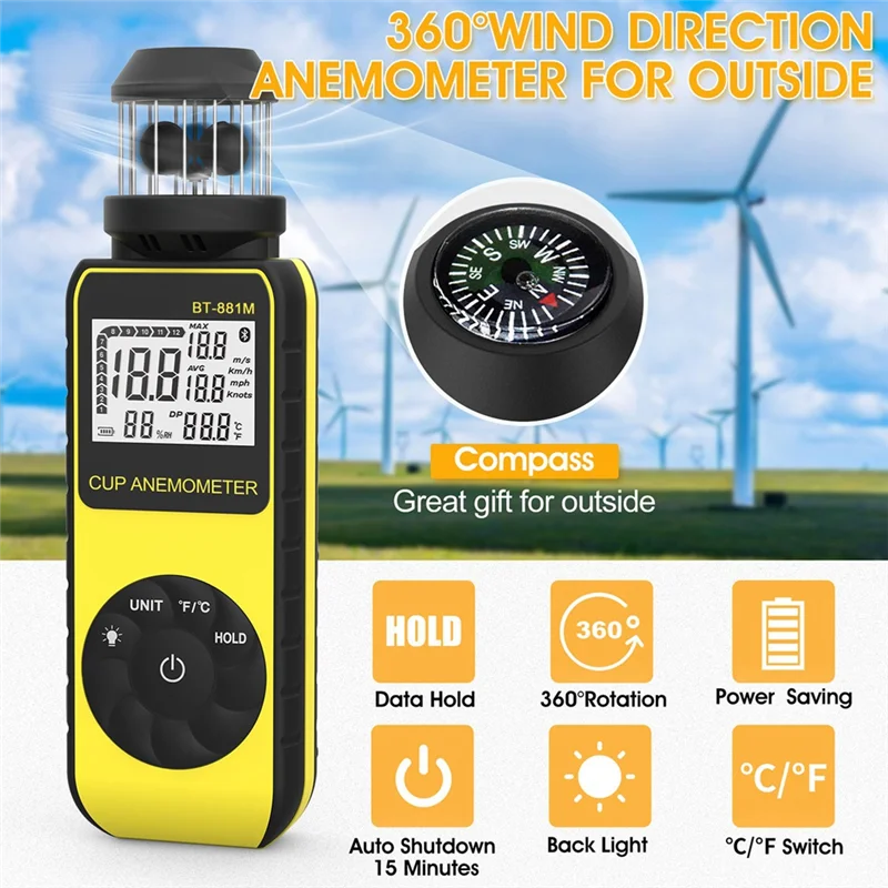 AK51-BT-881M Misuratore anemometro digitale - Palmare con 360 °   Rotazione per la misurazione della velocità e della temperatura del vento