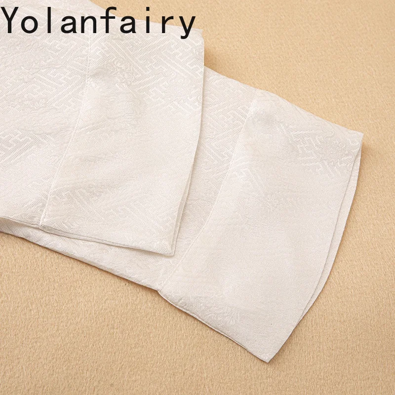 YOLANFAIRY الجمال الصيني 100% قميص أبيض من حرير التوت الطبيعي قميص نسائي جاكار ثلاثة أرباع كم قمصان نسائية قطع علوية مائلة