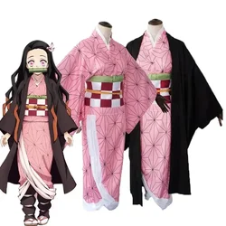 Anime Nezuko Cosplay Kamado Nezuko Cosplay Costume Nezuko Wig Uniform with Props for Adult Kids Halloween Carnival Costumes