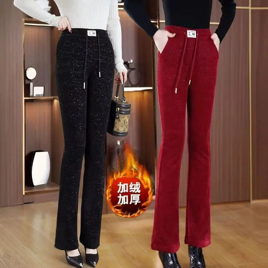 2025 Autumn Winter Women Fleece Flare Trousers Women's Plush Warm Pants Fashion Bling Korean Style Slim-fit Pants Casual Pants