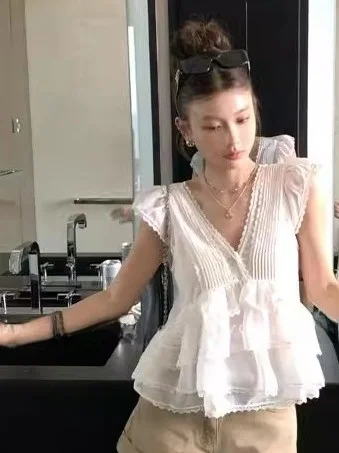 Romantico Puro Desiderio Estate Nuovo Bianco V-ne ort Lace Trim Fly Sve Top sexy Sottile da donna irt Coreano Sle Slim Fit