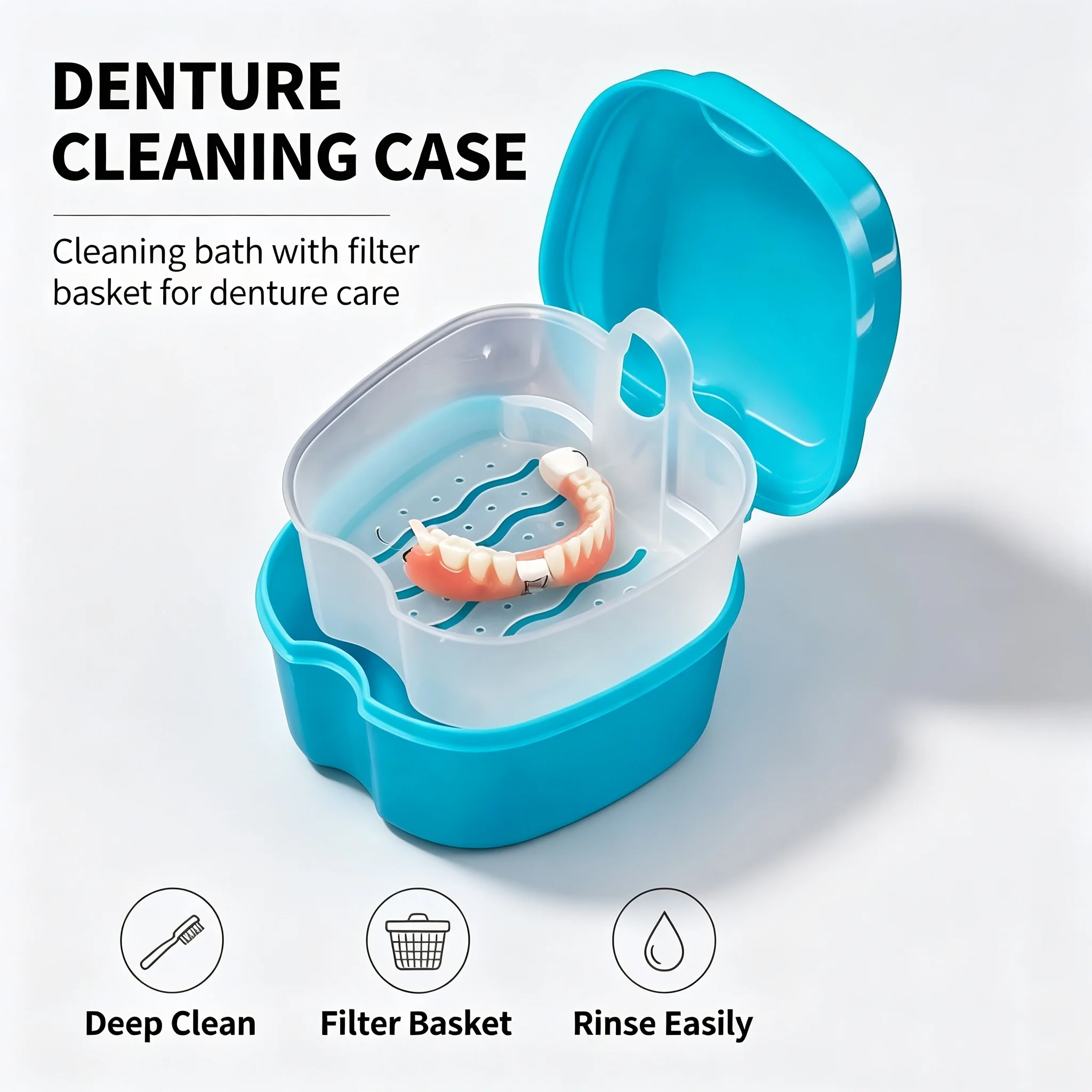 Denture Care Cleaning Box, Plastic Denture Bath Container with Hanging Strainer Net,Denture Storage&Soaking Case for False Teeth