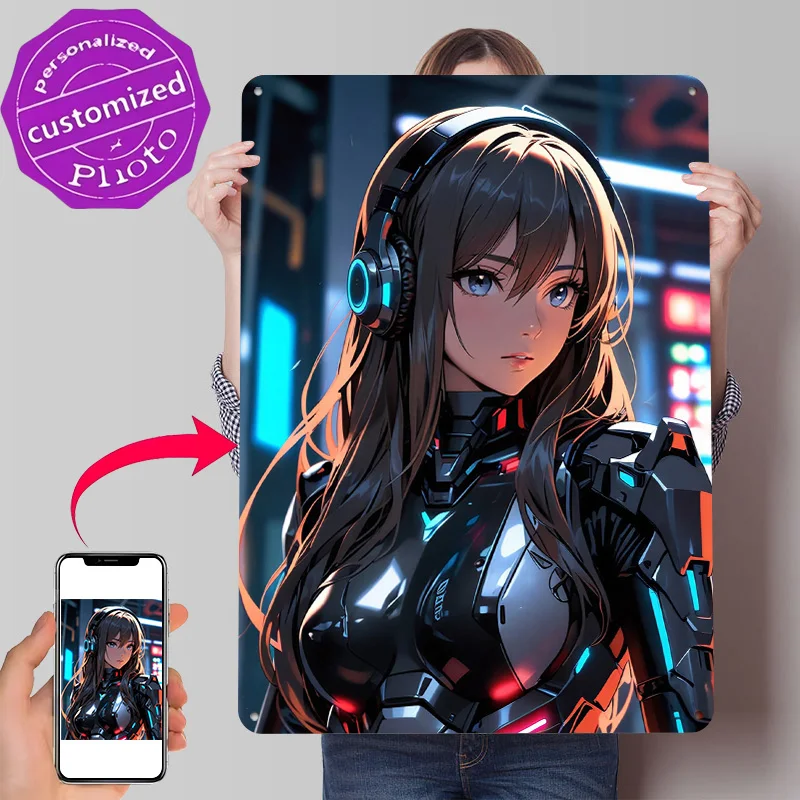 Neon Cyber Armor Gamer Girl 3D Texture Printed Poster Custom Vintage Metal Tin Plate Sign for Wall Art Home and Decoration House