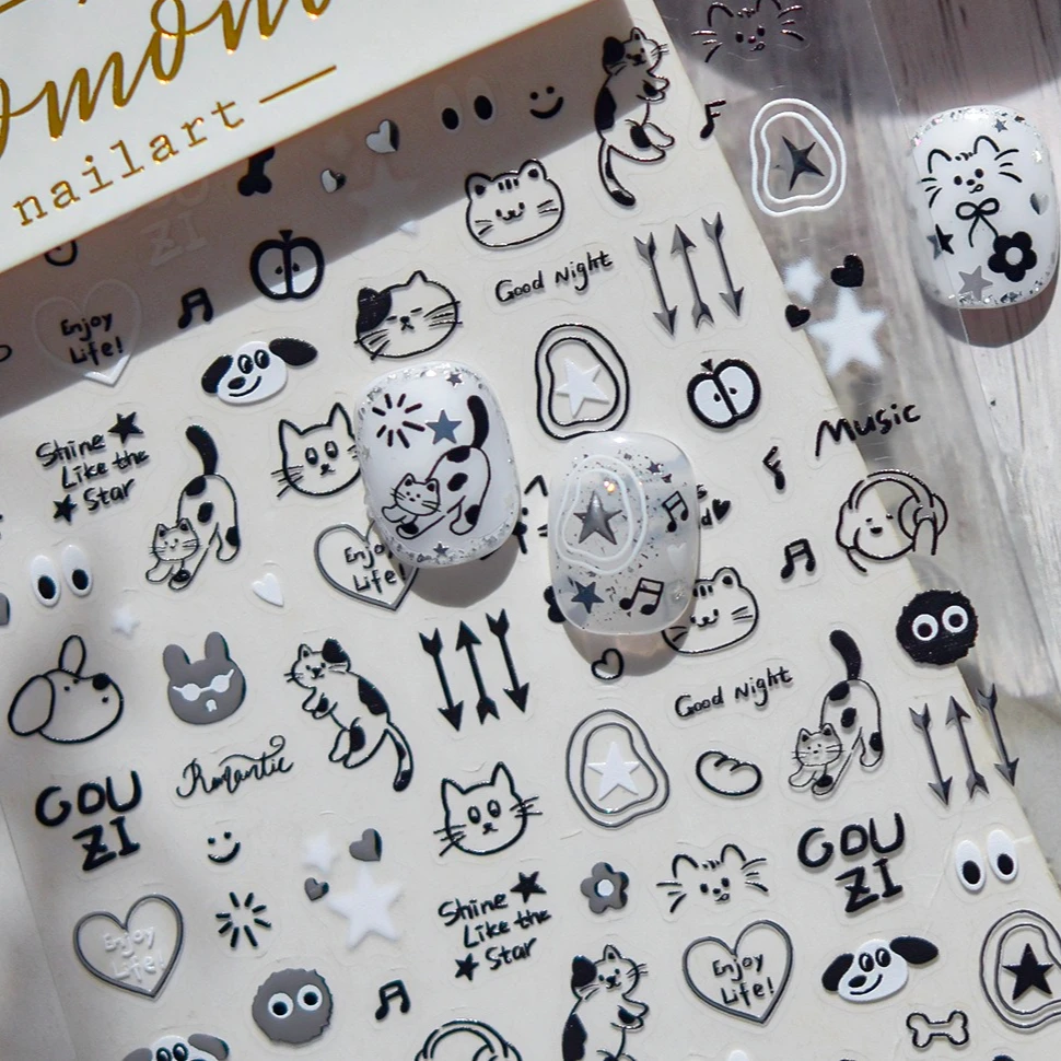 Dessin animé mignon Graffiti étoile pomme ours noir chat Note musique lettre une ligne lapin amour coeur Nail Art autocollants bricolage manucure décalcomanies