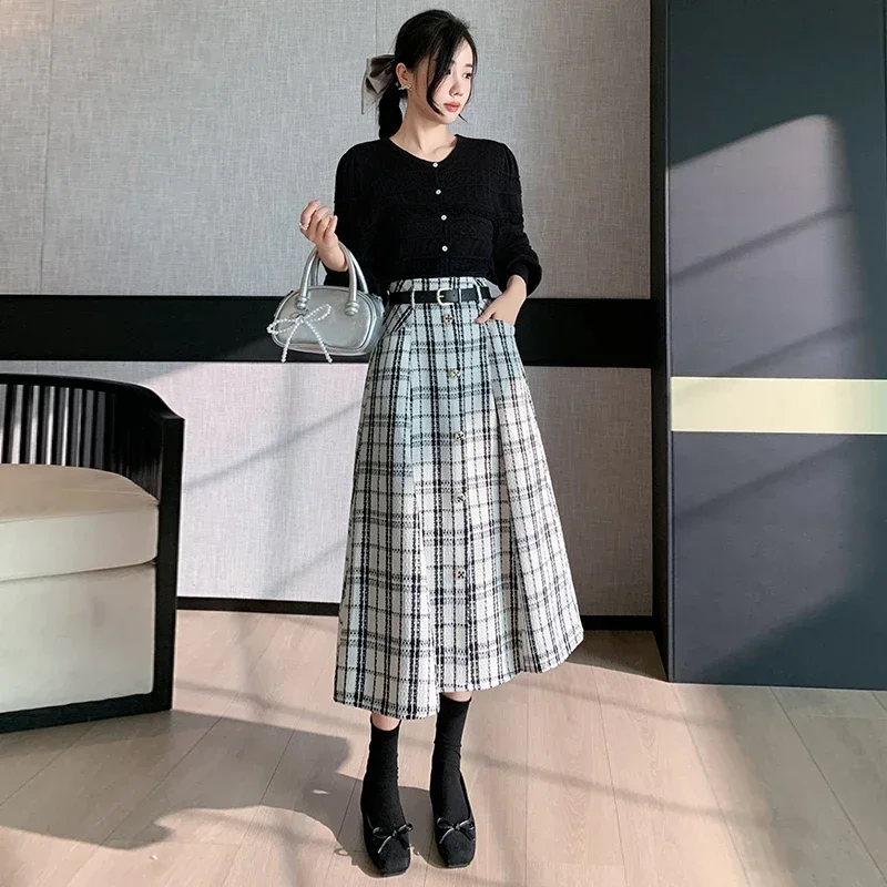 

Ladies Elegant Fashion Large Hem Woolen Cloth Long Plaid Skirt Women Clothes Girls Skirts Chic Casual Faldas Largas PAS9375