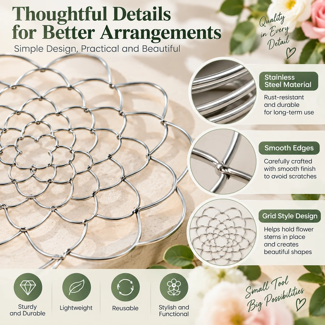 3 Pcs Flower Arrangement Holder, Round Stainless Steel Floral Grid Style, Reusable Wire Flower Arranging Tool for Holding Stems