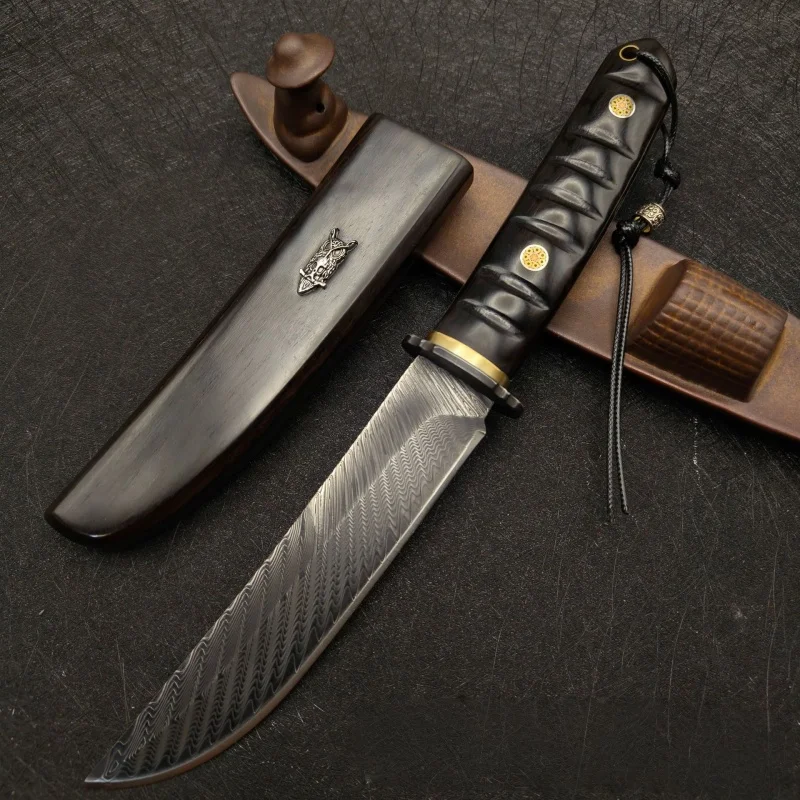 มีดตรงขนาดเล็ก ลายไม้ดำ ดามัสกัส รูปนกฮูก ความแข็งสูง คมกริบ เหมาะสำหรับการปีนเขา ตั้งแคมป์ เอาตัวรอดกลางแจ้ง
