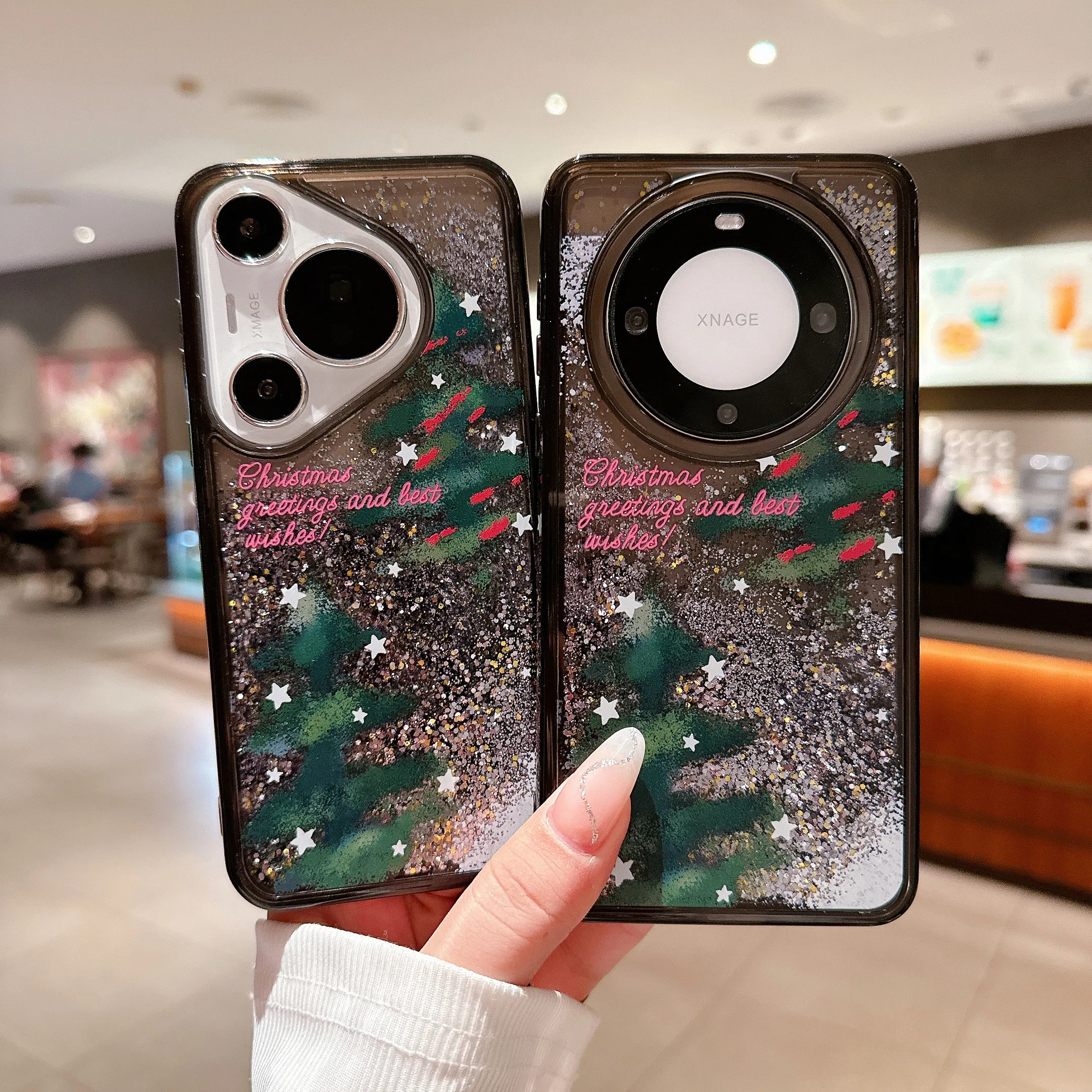 Shockproof Quicksand Christmas Tree Glitter Case for Huawei Pura 70 Pro P60 Mate 60, Slim Transparent Bling Sequins Phone Cover