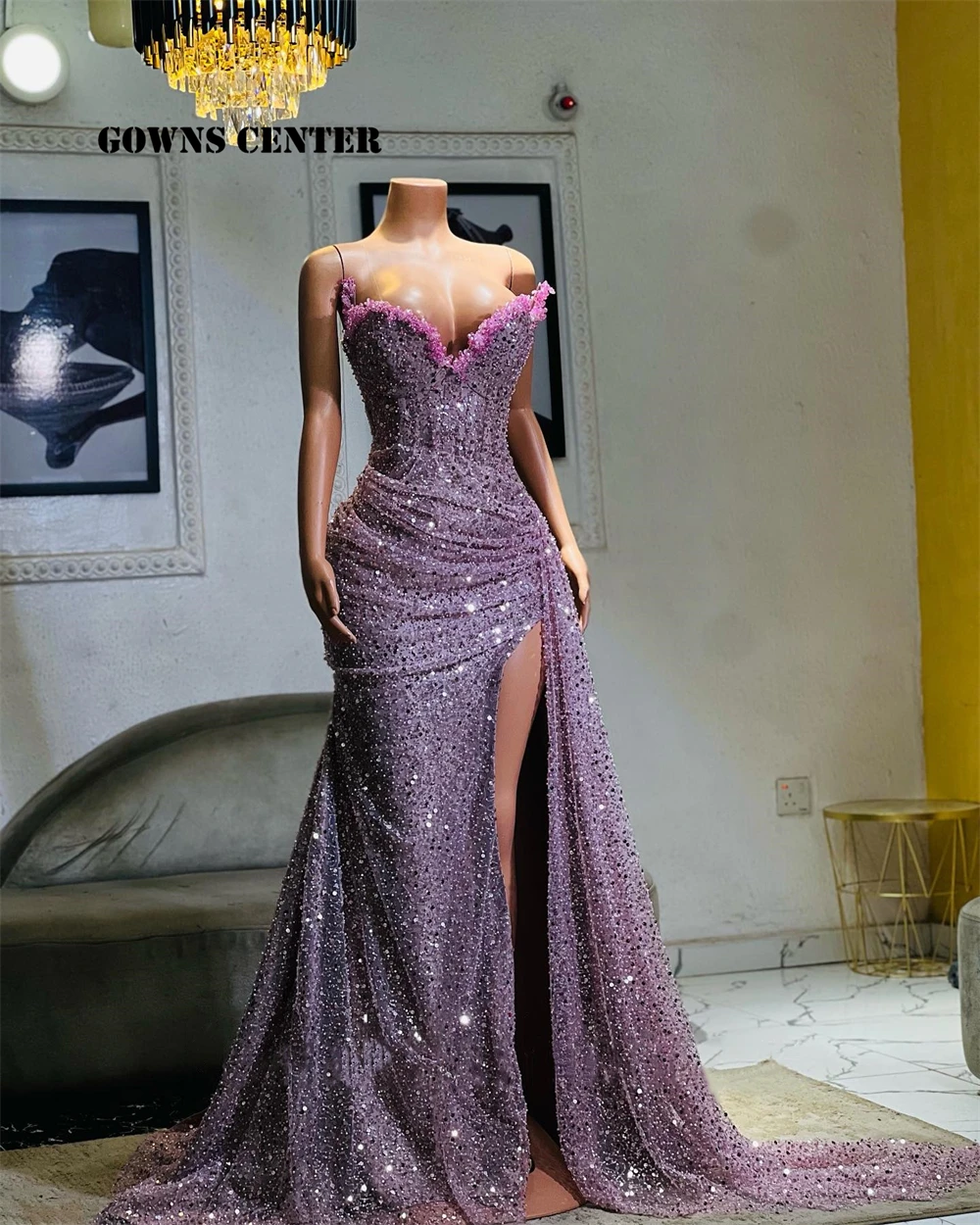 Light Purple Beaded Sweetheart High Split Aso Ebi Luxury Evening Dresses For Wedding 2024 Mermaid Prom Dress Elegant Customized